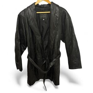 Black Leather Patch Coat Womens L Italian Stone Design Vintage Leather Car Coat